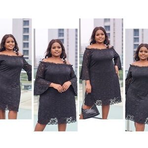 NWT Pinup 24W Off The Shoulder Lace Cocktail Short Dress Bell Sleeve Black